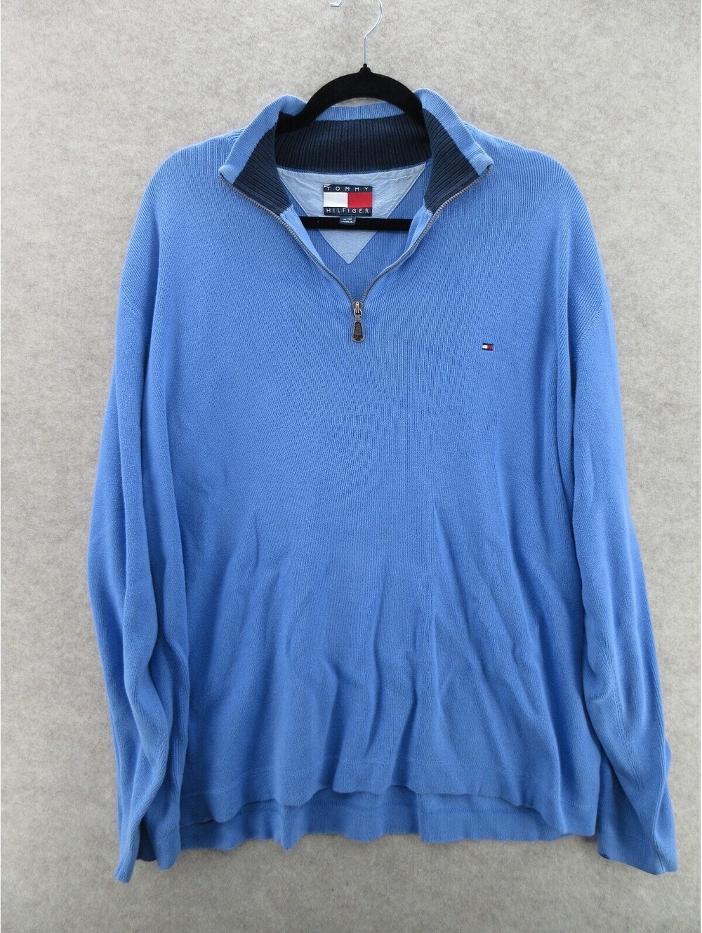 Tommy Hilfiger Men's XL Blue 1/4 Zip Pullover Sweater 100% Cotton Flag Logo